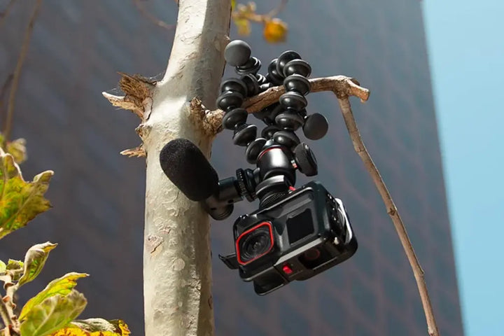 Action camera and microphone suspended from a tree branch using a JOBY GorillaPod flexible tripod.
